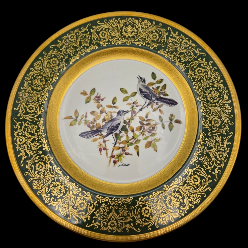 Vintage Pickard Limited Edition Mockingbird Lockhart Birds 1970 Green Gold Plate